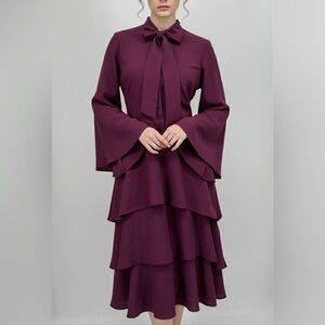 OSMAN YOUSEFZADA COLLECTIVE Burgundy Eggplant Tiered Bow Neck Midi Dress
